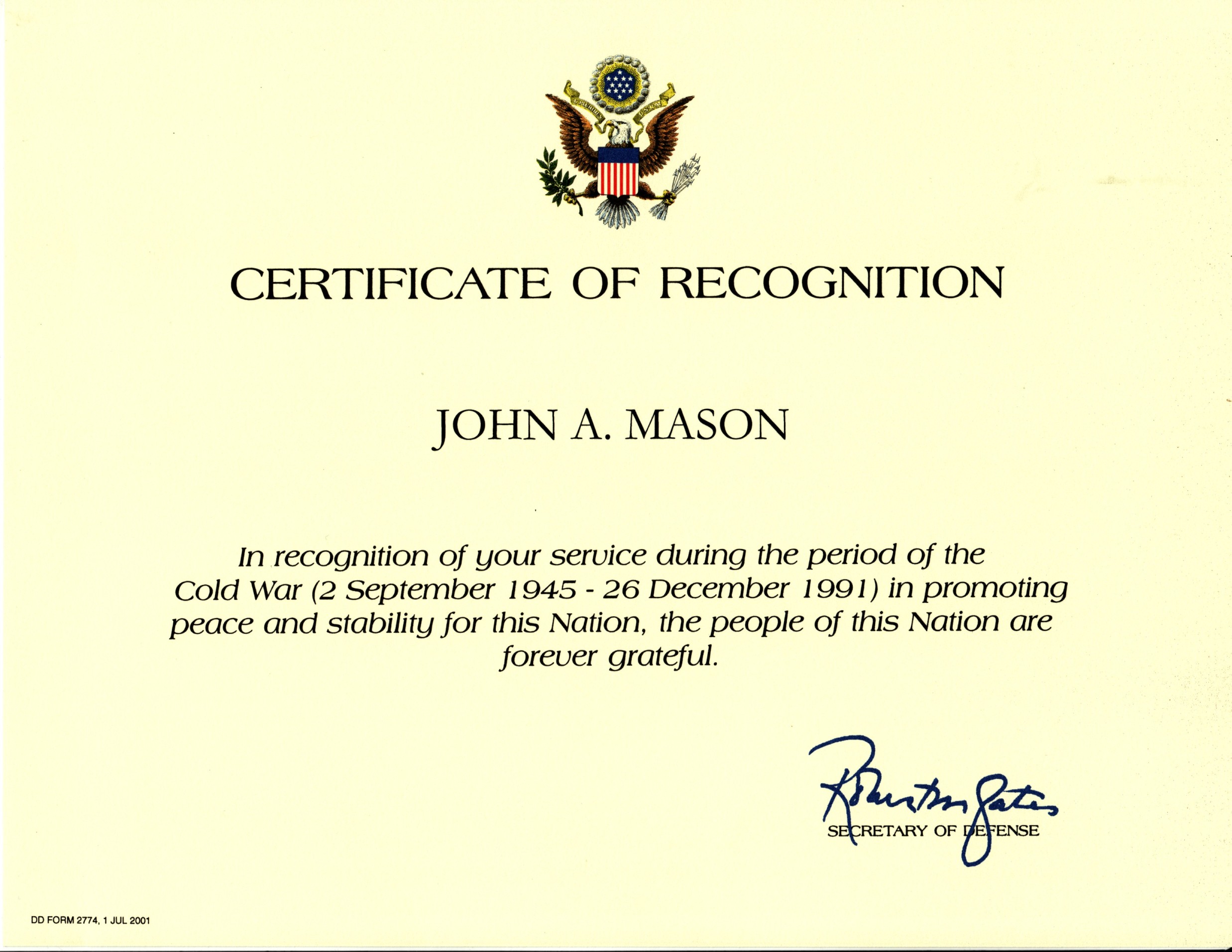 Cold War Certificate of Recognition